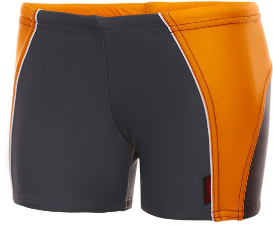 Jongens zwembroek met oranje en donkergrijs, met witte biezen.