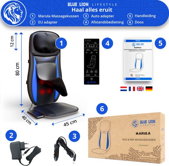 Overzicht van de inhoud van de doos: massagekussen, adapters, afstandsbediening en handleiding.
