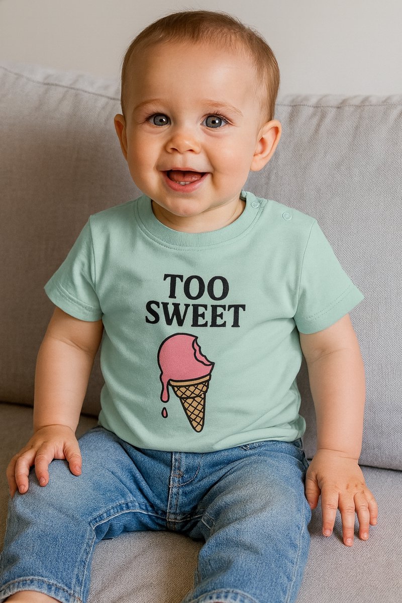 Baby T-Shirt “Too Sweet” – Groen – Schattig Unisex Shirt met Tekstopdruk – 6-12 Maanden – Zacht & Comfortabel Cadeau