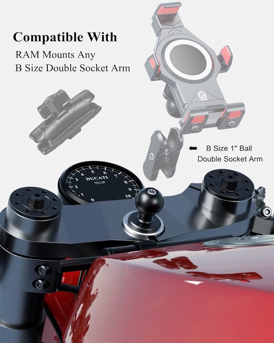 U-bout Stuurhouder Voor Motor En Fiets – Compatibel Met RAM-bevestiging, 21-32 Mm Buis, 360° Draaibaar, Aluminiumlegering Met TPU-kogel – Geschikt Voor GoPro, Akaso, DJI