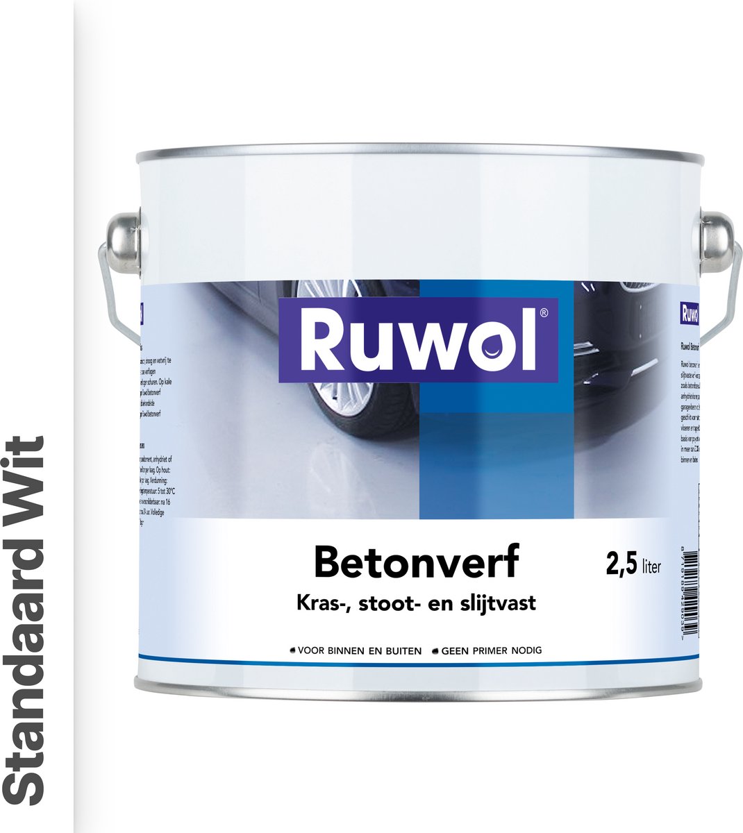 Ruwol Betonverf Standaard Wit 2,5 liter - Voor binnen en buiten - Alle kleuren - Kras-, stoot- en slijtvaste verf voor beton en steen - Betonverf voor buiten