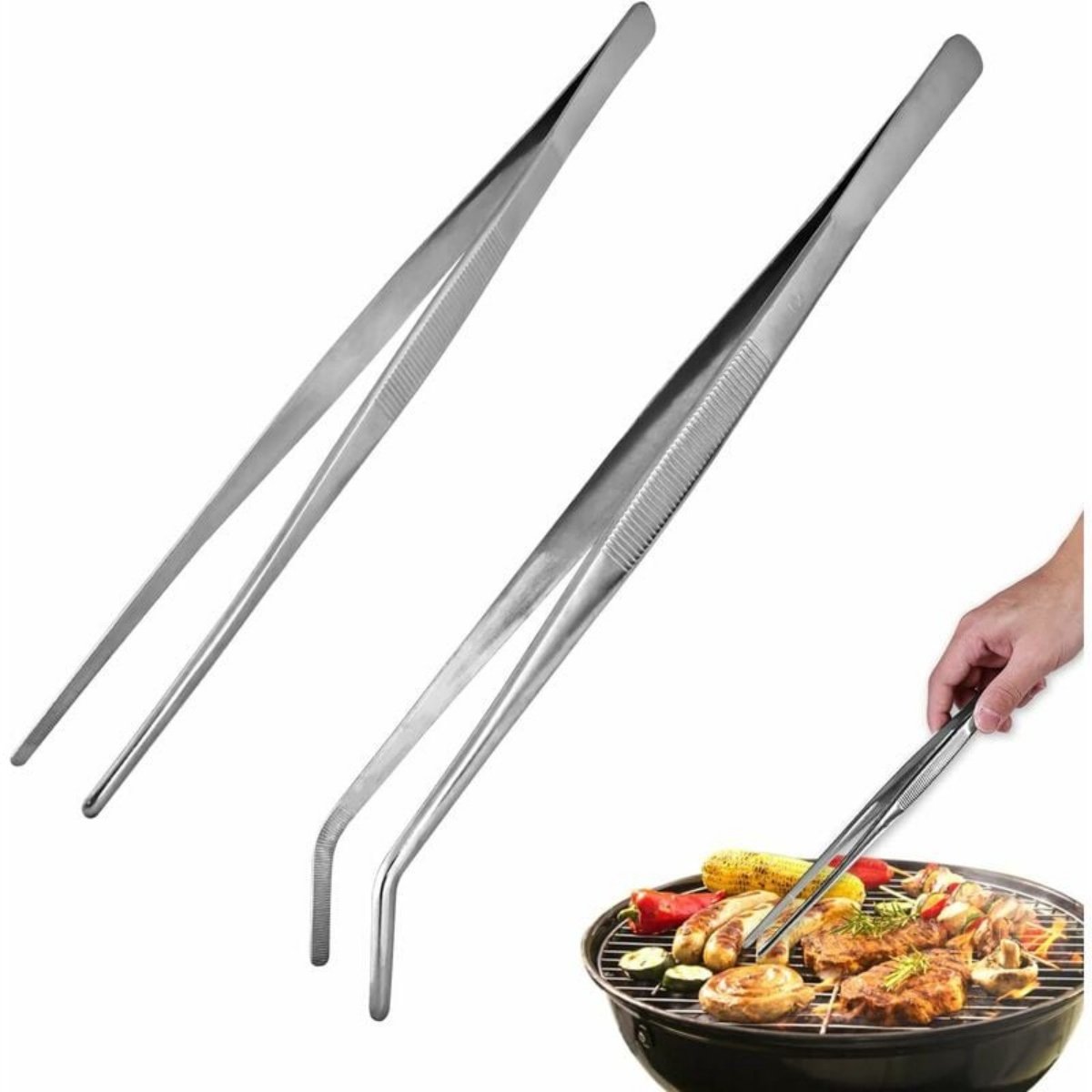 TOVBMUP Twee professionele, multifunctionele keukentangen - Multifunctionele Roestvrij Staal Pincet 25cm - met schuine en rechte punten - Hobby, tuinieren, koken, etc