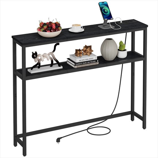 Console Signature Home Milly - Console avec station de charge - Table d'entrée étroite - Table avec 2 étagères - Bois - Métal - Zwart - 20 x 100 x 80 cm