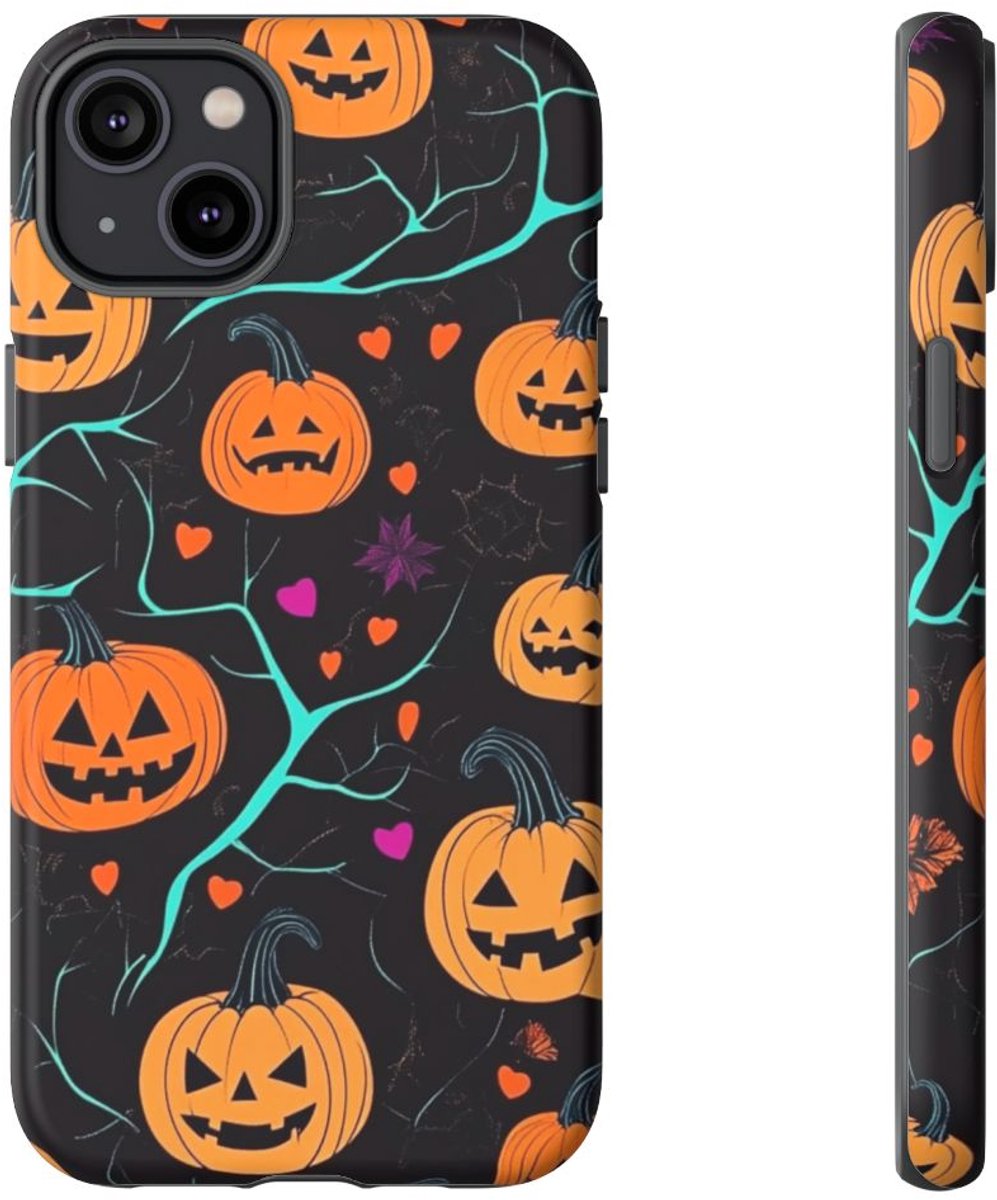 Herfstige Pompoenen en Hartenpatroon – Telefoonhoesje Geschikt voor iPhone 14 Plus
