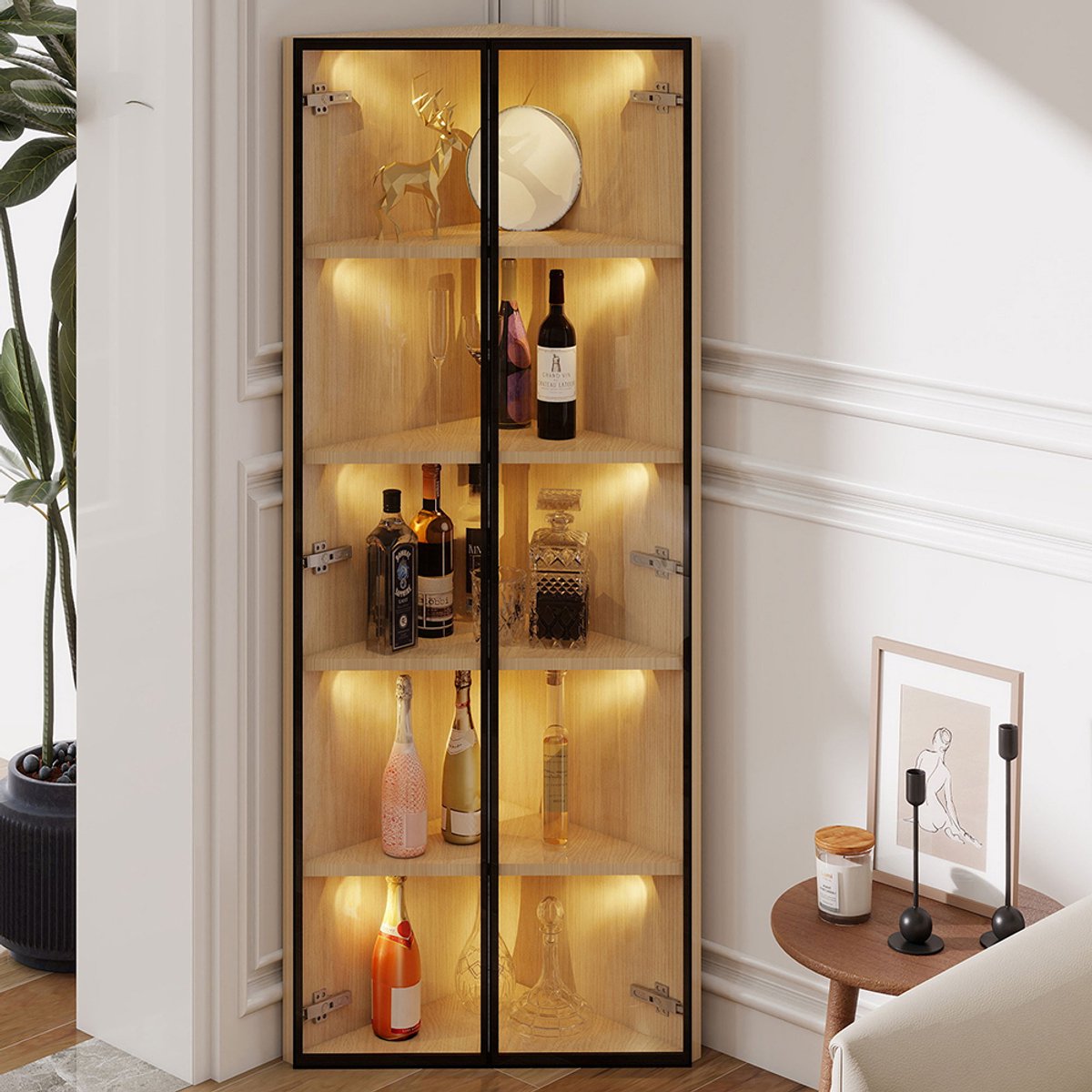 Pugsdrly LED-vitrine 62x35x160cm – Buitenkant van eikenhout, geïntegreerde lichtstrip, sto