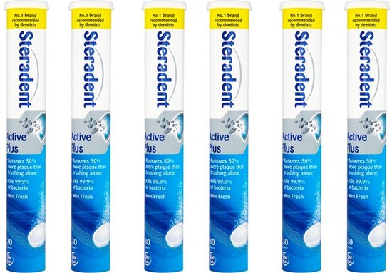 Zes Steradent Active Plus tubes met 30 tabletten elk, wit met blauwe opdruk.