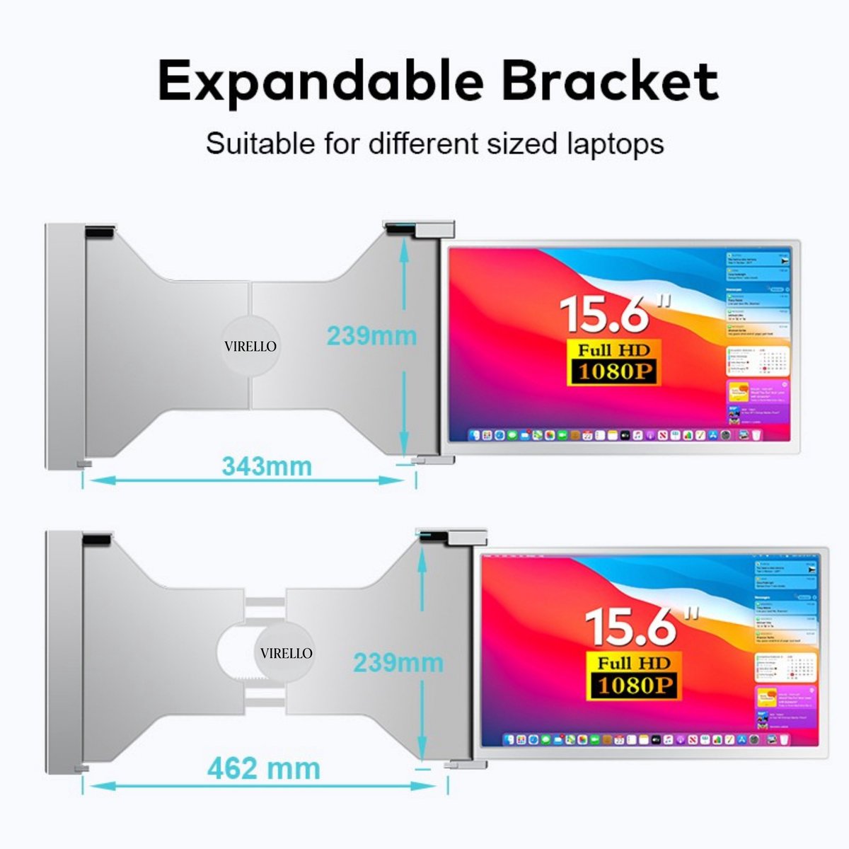 Virello® Draagbare dubbele Monitor – Full HD – Voor Laptops van 15.6" t/m 17.3" – Inclusief Hoes & Kabels – Grijs – 2025