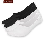 Vier paar onzichtbare sokken, twee zwart en twee wit, liggend op een witte achtergrond. Tekst "4 PAAR" in rood.