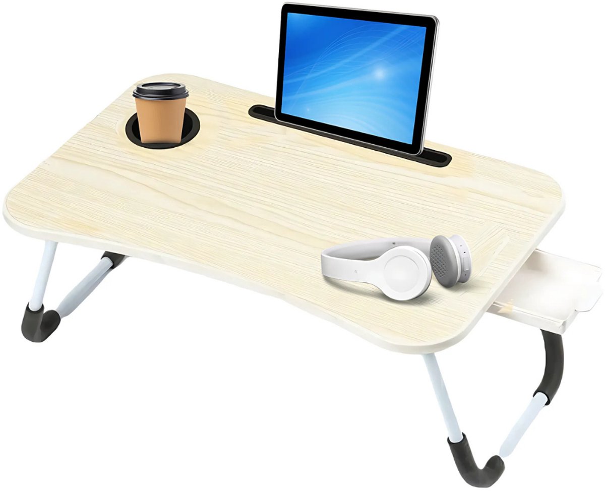 Lomera Opklapbare Laptoptafel - Bedtafel - Licht Houtlook - Tablethouder - Bekerhouder - Opberglaatje - Anti-Slip Poten - MDF Tafelblad - Metalen Frame - 60x40 CM - Laptopstandaard - Ontbijt op Bed - Inklapbaar - Werken in Bed nvt