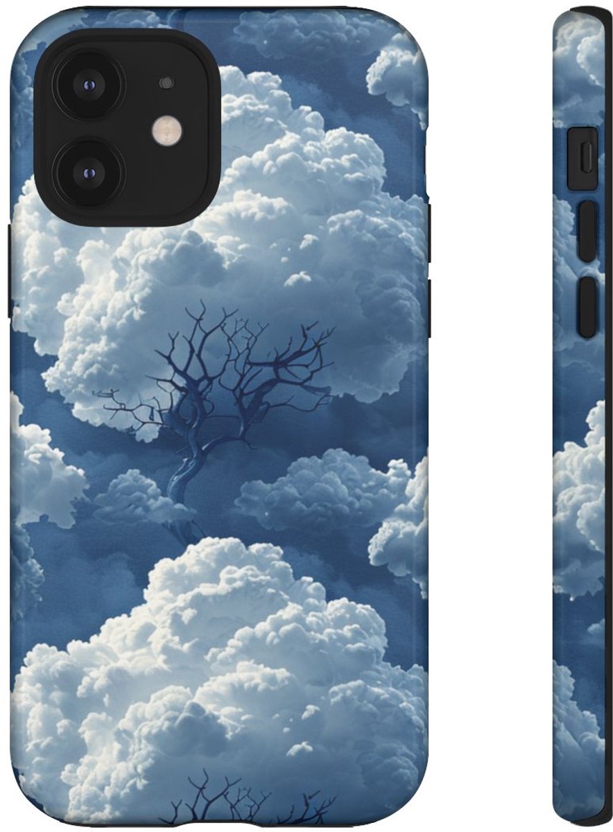 3D Wolken en Boompatroon – Glanzend Stevig Telefoonhoesje Geschikt voor iPhone 12