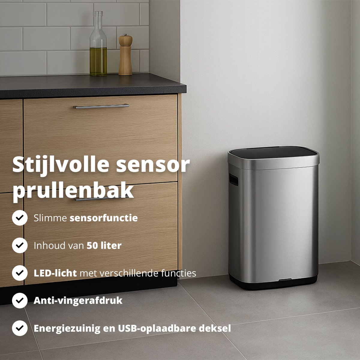 FlinQ Velo sensor prullenbak 50 liter mat grijs | Beste Deal