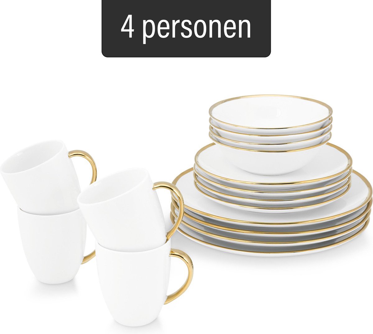 vtwonen - Serviesset - Wit/Goud - Porselein - 16-Delig