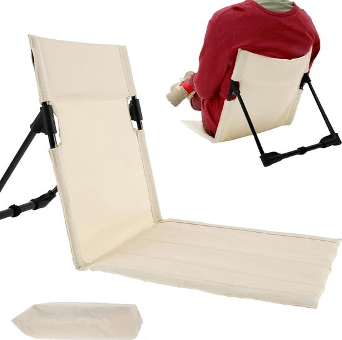Opvouwbaar Strandbedje met Rugleuning – Lichtgewicht Strandstoel – Inklapbaar – Draagtas – Campingstoel – Strandaccessoire – Strandstoel Beige– Strandmat Lounge