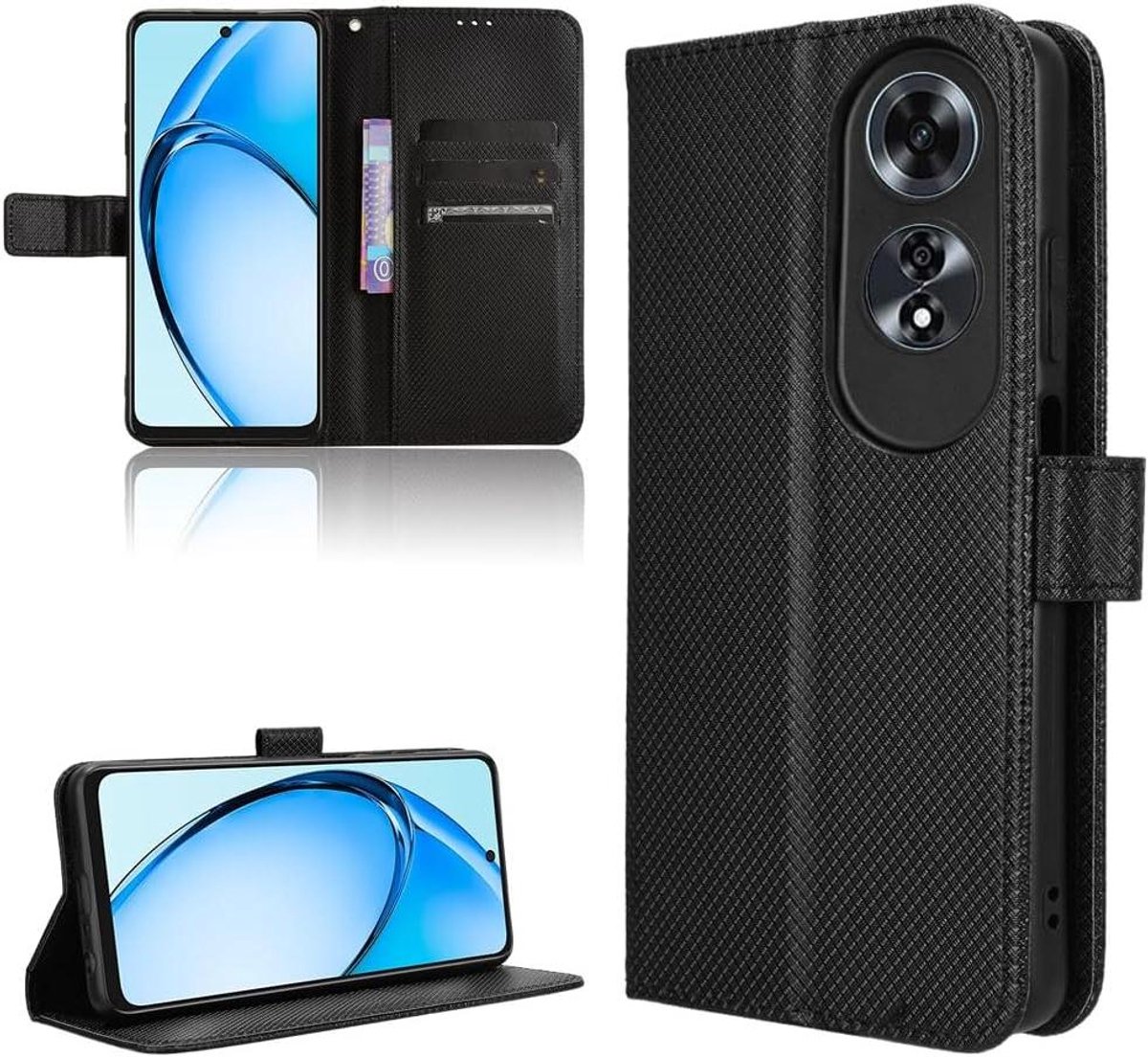 Premium portefeuille flipcase beschermhoes voor Oppo A60 4G - zwart met koolstofvezel