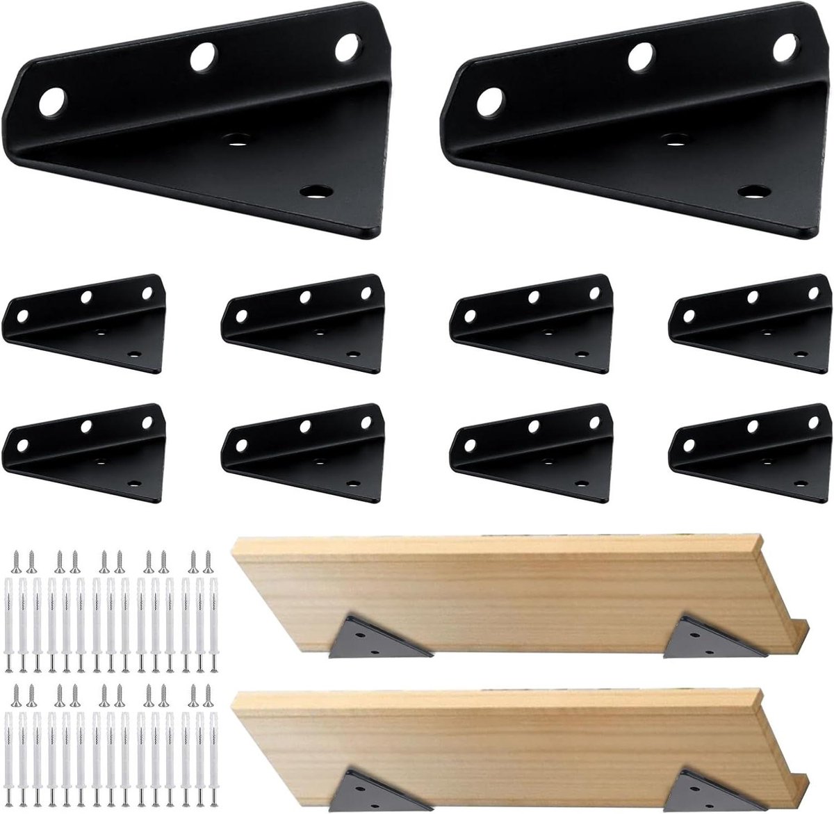 Zwarte metalen wandhouders voor planken - 10 stuks - onzichtbare plankdragers - rvs - zwaar - inclusief schroeven - boekenkast en opbergrek - modern design