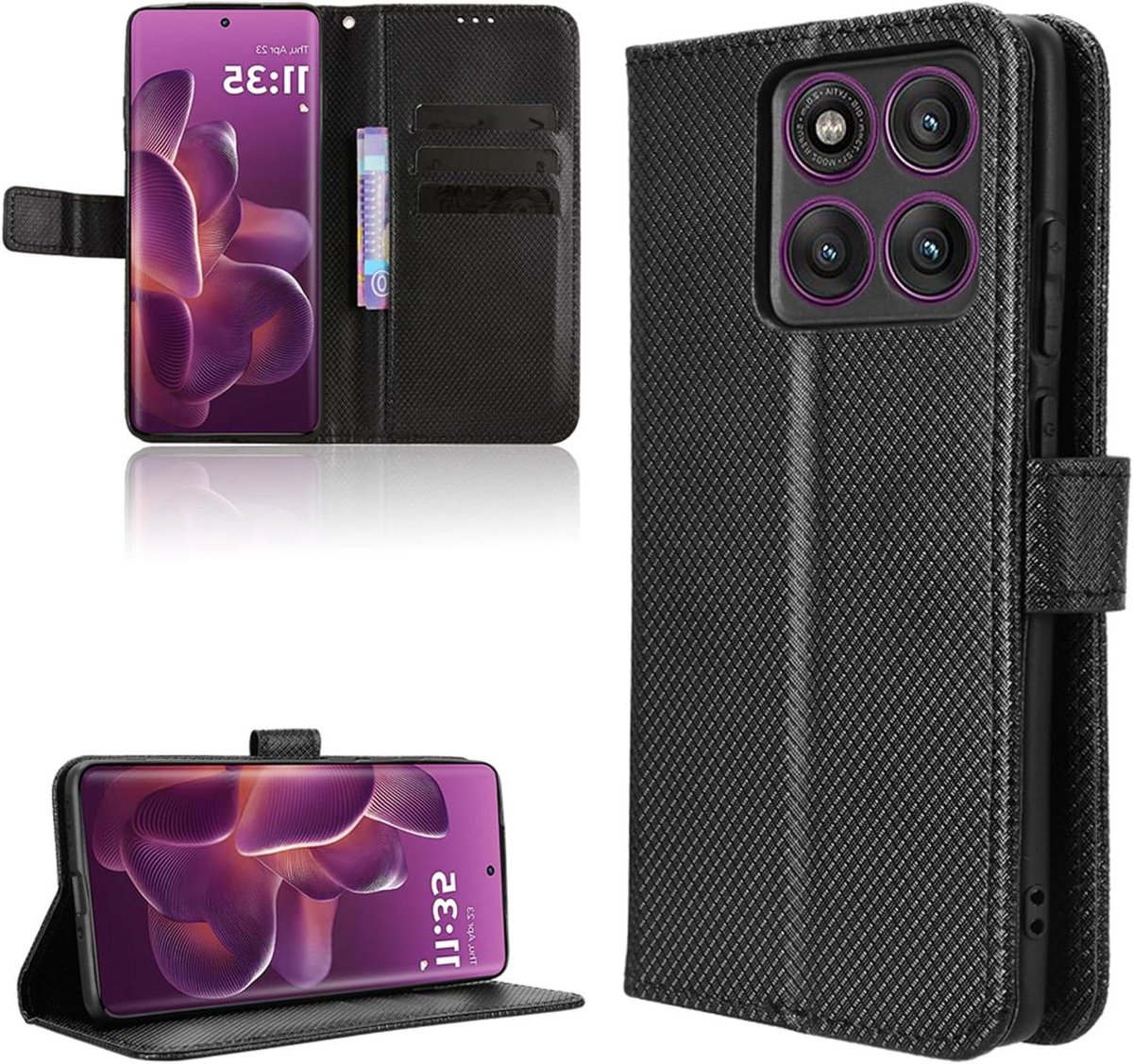 Magnetische portemonnee flip case geschikt voor Motorola Moto Edge 60 Pro - Premium koolstofvezel zwart - Beschermhoesje met standfunctie
