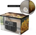 Verpakking van de dubbele heteluchtfriteuse met afbeeldingen van het apparaat en friet.