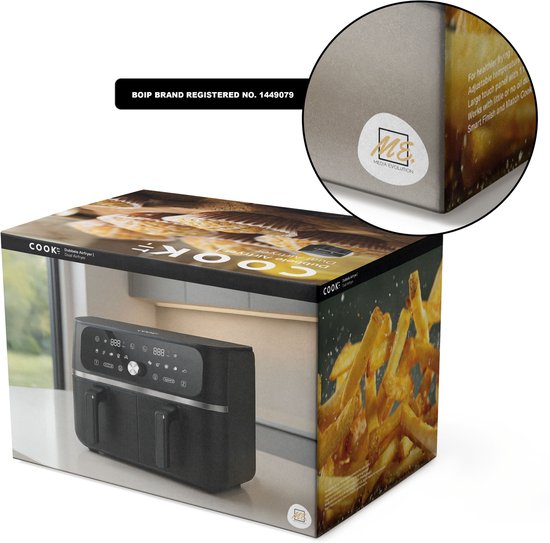 Verpakking van de dubbele heteluchtfriteuse met afbeeldingen van het apparaat en friet.