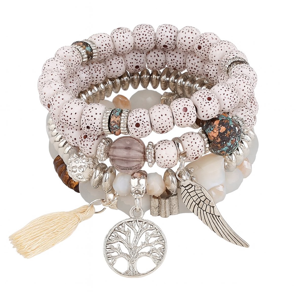 4-delige Armbanden set voor dames – Elastische Kralenarmbanden met Charms & Natuurlijke Accenten
