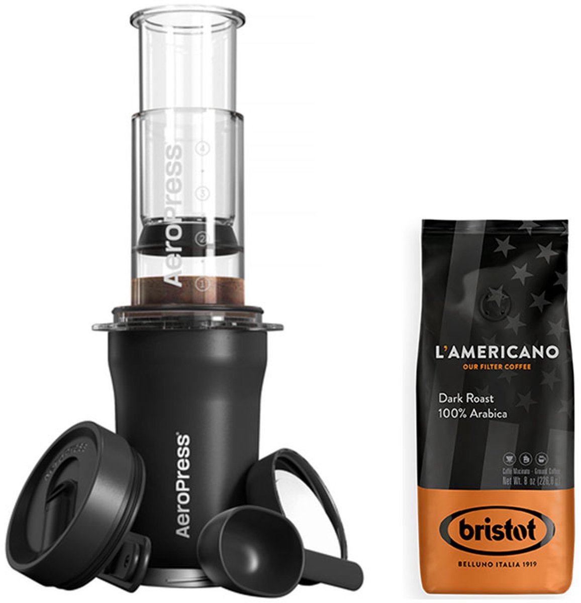 AeroPress Go Plus - Coffee Maker Zwart + Bristot L'Americano Dark Roast Koffie 226,8 gram