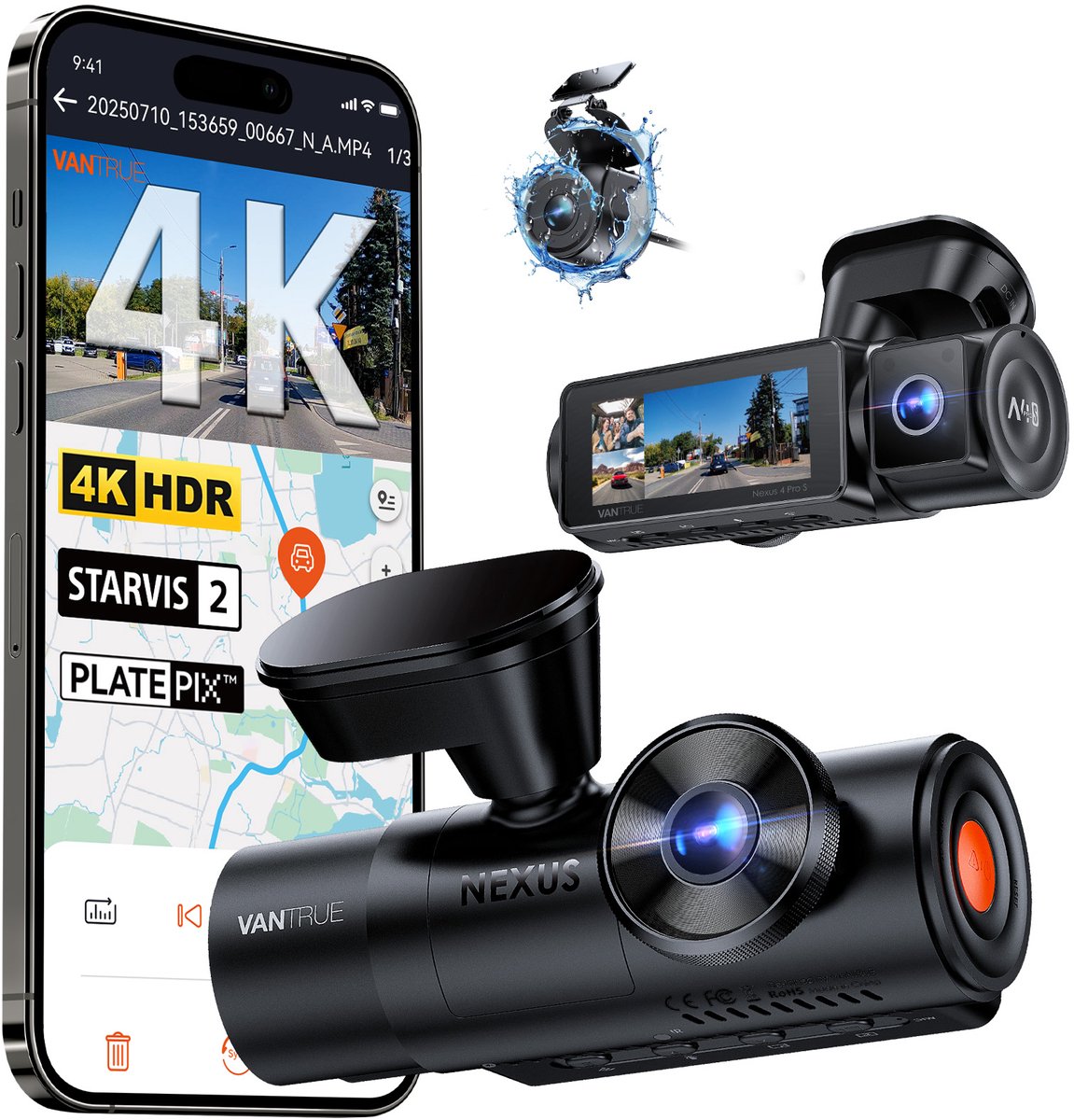 Vantrue N4 Pro S 4K 3-kanaals dashcam met Triple STARVIS 2, 4K+1080P+2.5K voor-, binnen- en achtercamera, HDR IR-nachtzicht, spraakbediening, parkeermodus, GPS, Wi-Fi, ondersteuning tot 1TB
