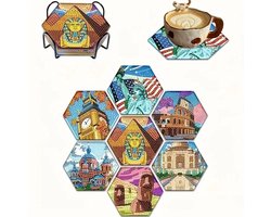 Diamond painting - onderzetters - bezienswaardigheden - steden - 7 stuks - ronde steentjes - volledig te beplakken