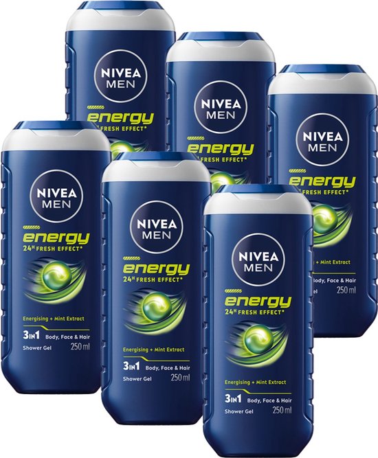 NIVEA MEN Energy Douchegel - 3-in-1 Shower Gel Met Mintextract - Shampoo - Voordeelverpakking - 6x 500 ml