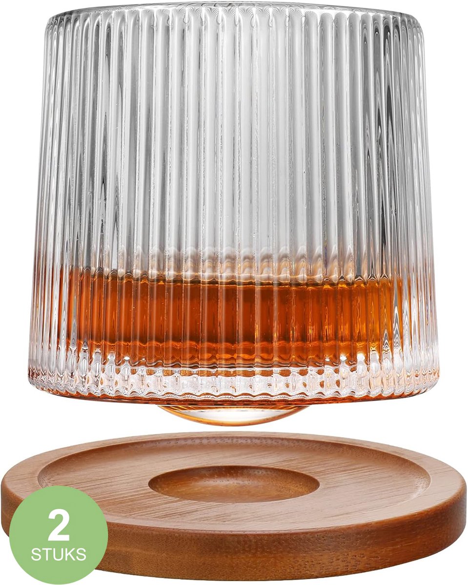 Uten Kristal Draaiende Whiskey Glazen – Whiskeyglazen - Whiskey glas - 2 stuks - 275 ml Glas - Glazen voor Alle Gebruiken - Incl twee onderzetters - (Transparant Model-A4 )