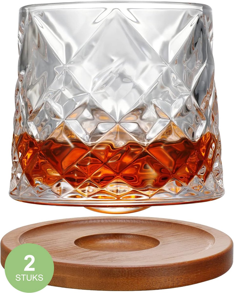 Uten Kristal Draaiende Whiskey Glazen – Whiskeyglazen - Whiskey glas - 2 stuks - 275 ml Glas - Glazen voor Alle Gebruiken - Incl twee onderzetters - (Transparant Model-A1 )