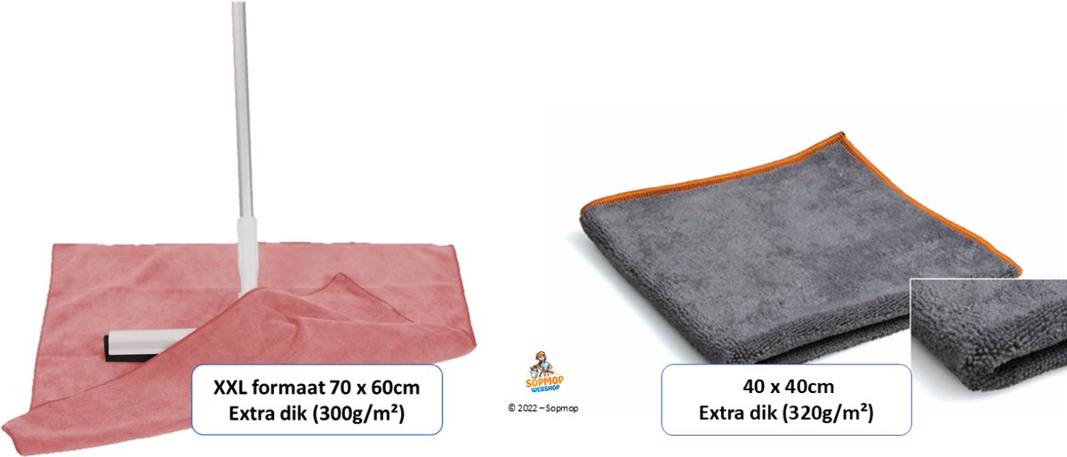 Sopmop Professionele Dweildoek XXL Red 60 x 70cm & 1001 Dingen Microvezeldoek Grey/Orange 40 x40cm