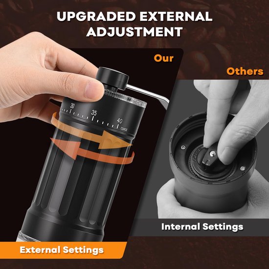 Extern instelbare handmatige koffiemolen: draagbare handmatige koffiemolen met hoogwaardige keramische maalschijf, 40 instelbare standen, geschikt voor reizen, kamperen, French press, mokka-pot, Italiaanse espressomachine. — afbeelding 5