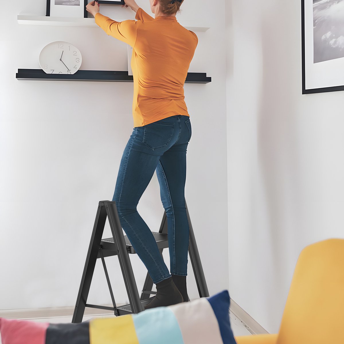 LZQ Opvouwbare trapladder, trapkruk, opvouwbare trap met brede antislip pedaal, multifunctionele huishoudtrap, trap tot 150 kg, zwart voor thuis, keuken, kantoor, buiten - 4 treden – foto 7