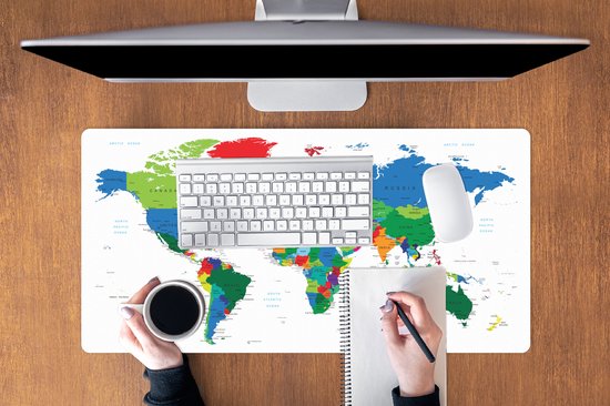 Tapis de souris XXL - Sous-main - Tapis de bureau - Wereldkaart - Couleurs - Topographie - 90x45 cm - Tapis de souris XXL