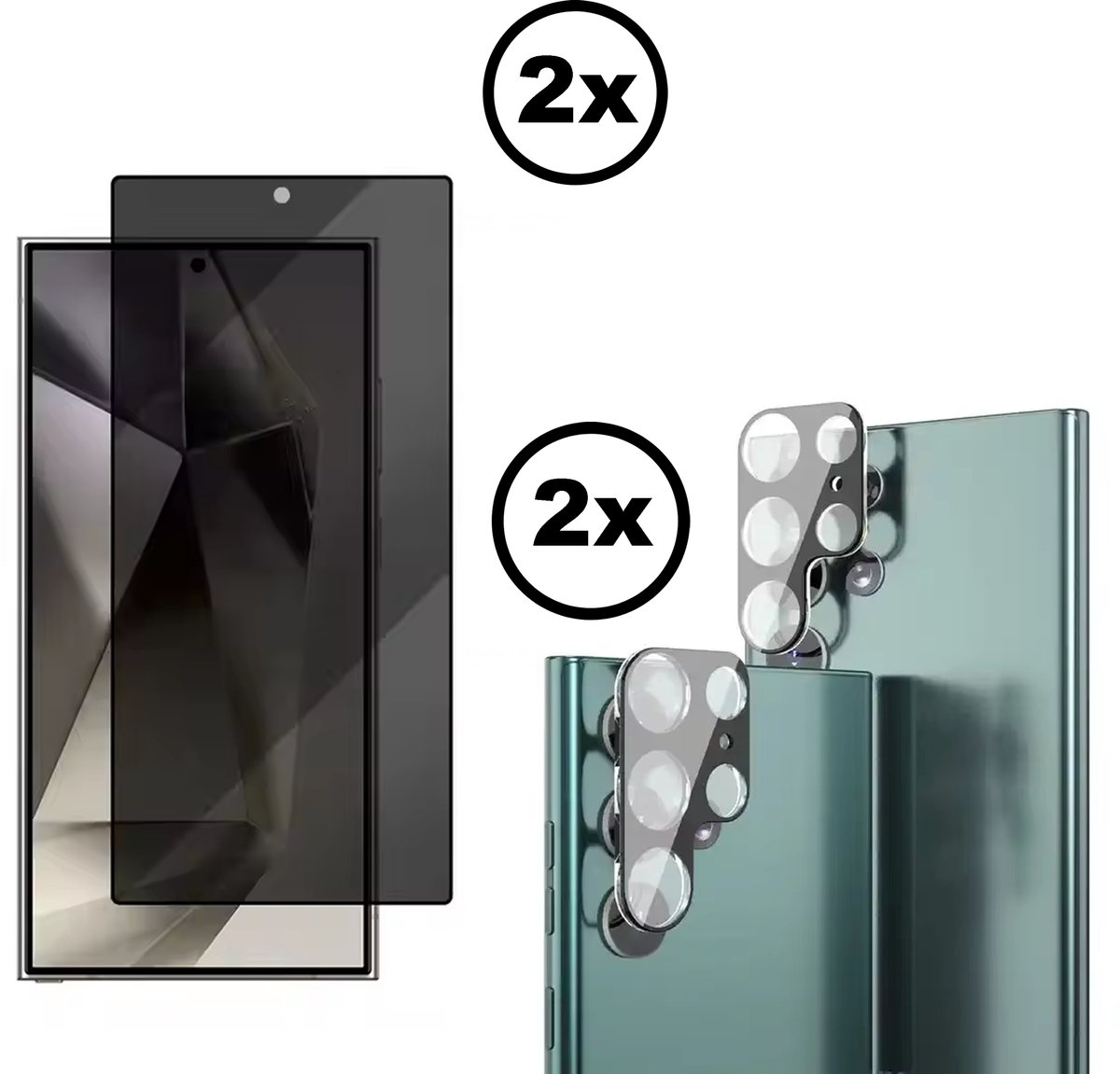 VOWLUX 4-in-1 Beschermset voor Samsung Galaxy S24 Ultra – 2x Privacy Screenprotector + 2x Camera Lens Glas – 9H Gehard Glas – Anti-Gluren – Vingerafdrukscanner Compatibel