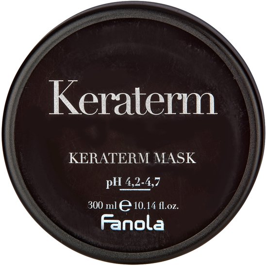 Zwart deksel met witte tekst 'Keraterm KERATERM MASK pH 4.2-4.7 300 ml Fanola'.