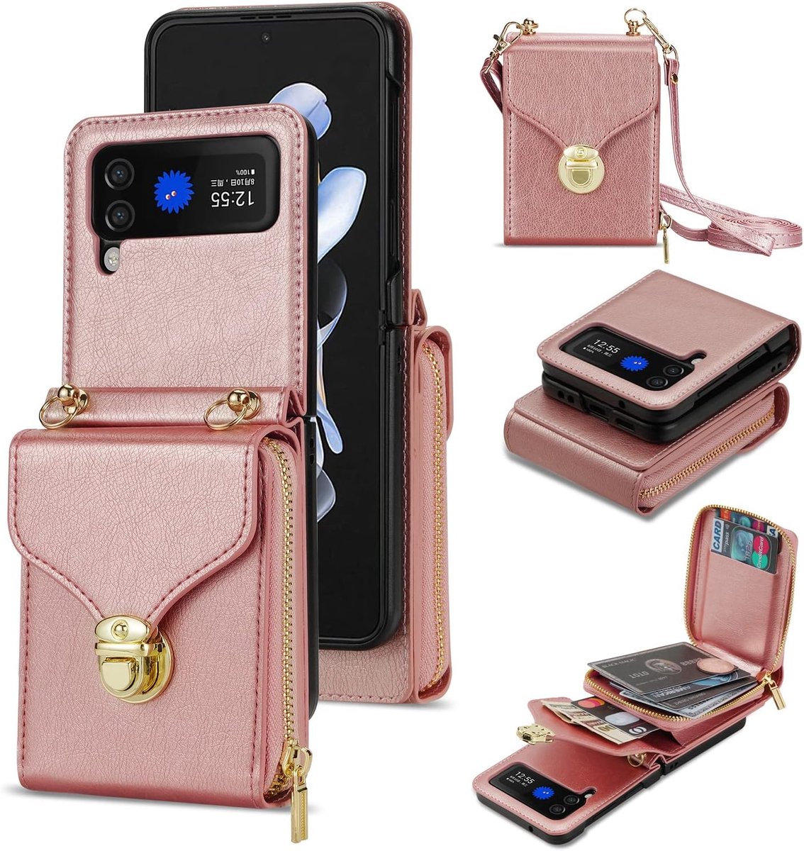 Zandarix Geschikt voor Samsung Galaxy Z Flip 7 - Schouderriem - Met kijkstandaard - Cameralensbescherming - Back Cover Hoesje - Roze