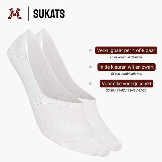 Twee witte onzichtbare sokken van Sukats, verkrijgbaar in wit en zwart.