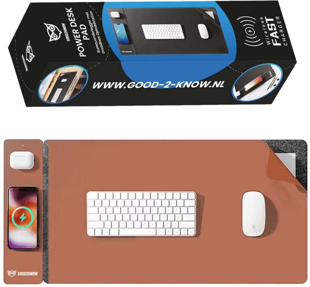 Good2know XXL muismat met 20W draadloze Qi-oplader – waterdicht & anti‑slip bureaumat - Bruin