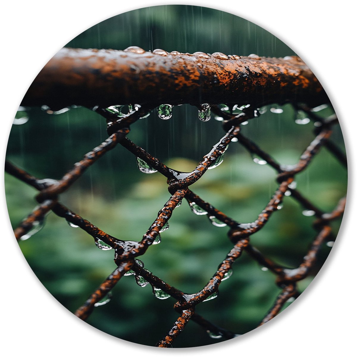 Regen op roestig hekwerk - Regen muurcirkels - Ronde wanddecoratie natuur - Hyperrealisme