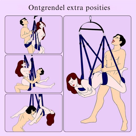 Illustraties van koppels in verschillende intieme posities met een zwarte seksschommel. Een grotere illustratie toont een paar in een zwevende positie.