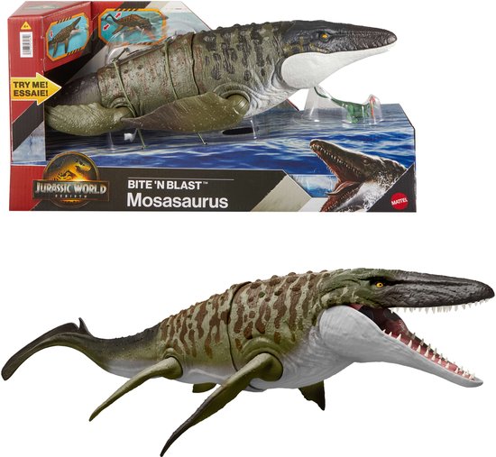 Jurassic World Rebirth Bijtende en Explosieve Mosasaurus, actiefiguur en mini-Dilophosaurus, dinosaurusspeelgoed met kaken die ver open kunnen, beweegbaar, ziet eruit als in de film