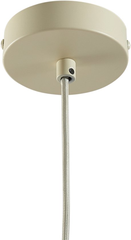 Bevestigingsmechanisme voor een beige hanglamp, met kabel en technische details.