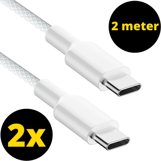 Câble de charge USB-C 60 W (2 mètres) - Câble USB-C vers USB-C - Universel - Chargeur rapide - Wit - Tressé