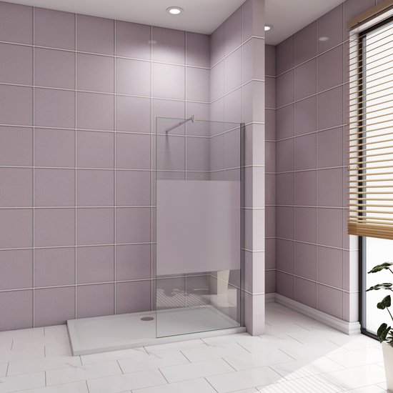 Inloopdouche-douchewand-walk in 80x200 cm,8mm midden wit gematteerd gehard glas met explosieveilige folie+70-120cm Stabilisatiestang,glanzend chroom profiel
