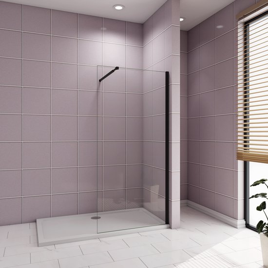 Inloopdouche-douchewand-walk in 8mm NANO EasyClean veiligheidsglas，50x200cm+73-120cm Stabilisatiestang,mat zwart aluminium profiel.