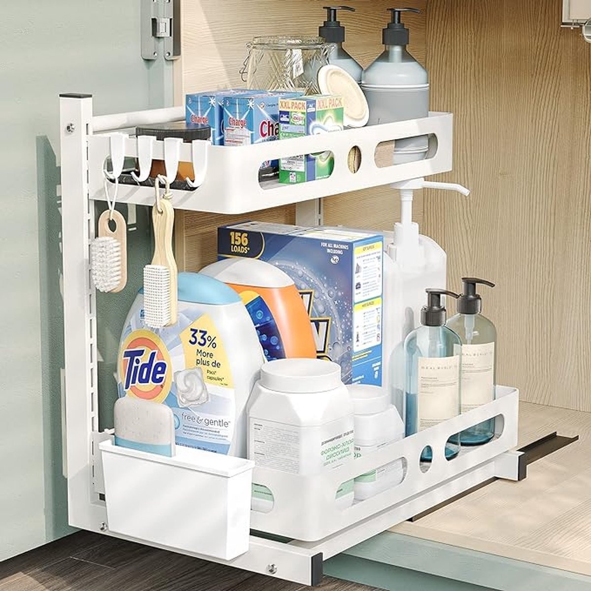 WNHB® Onder gootsteen organizer - 2 laags keukenrek - Schuifplank badkamer organizer - Verstelbare opbergrek - Wit kunststof opbergsysteem