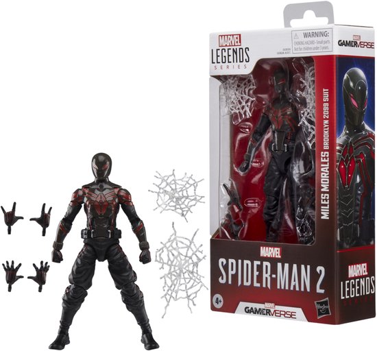 Miles Morales Brooklyn 2099-pak actiefiguur met accessoires, naast de verpakking.
