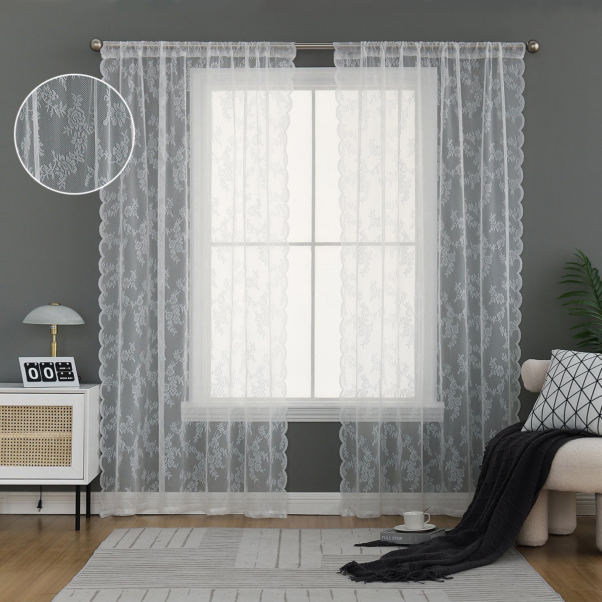 Qelus 2 Stuks Gordijnen Kant en Klaar - Witte Vitrage Bloemengordijn met Golvende Randen - 145x213cm - Voor Woonkamer/Slaapkamer Decoratie