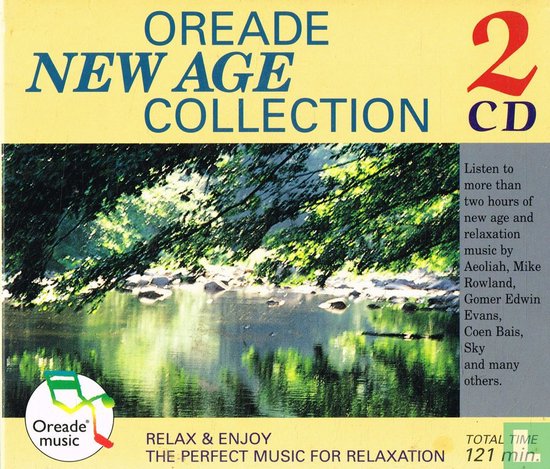 Cd hoes met de titel OREADE NEW AGE COLLECTION. Twee cd's. Natuurlandschap met rivier en bomen.