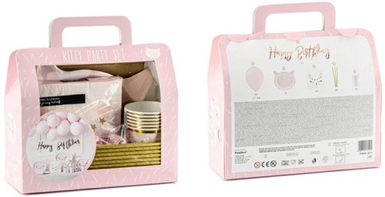 Een roze geschenkdoos met handvat voor een kattenfeest, met daarin roze ballonnen, bordjes, bekers, servetten en gouden 'Happy Birthday' slingers.